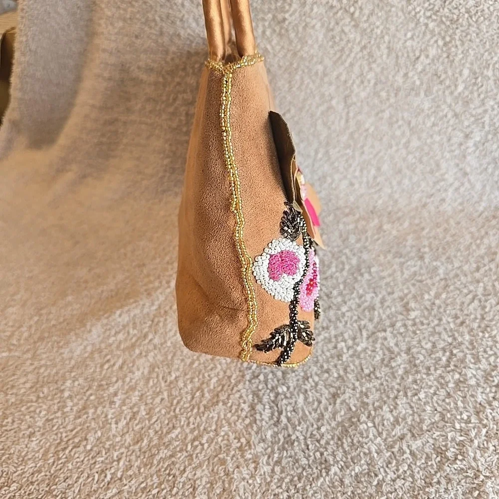 C. Marie Beaded Purse Handbag‎ Brown Suede Floral Design Boho Colorful